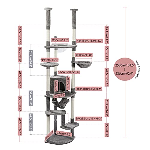 PEQULTI Floor to Ceiling Cat Tree 92.9’’-101.6’’ Height Adjustable Cat Tower Tall Kitty Climbing Play House with Scratching Posts, Cozy Condo, Perches and Large Hammock for Indoor Cats Beige