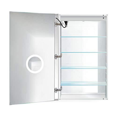 Krugg LED Medicine Cabinet 24 Inch X 36 Inch | Recessed or Surface Mount Mirror Cabinet w/Dimmer & Defogger + 3X Makeup Mirror Inside & Outlet + USB - Left Side