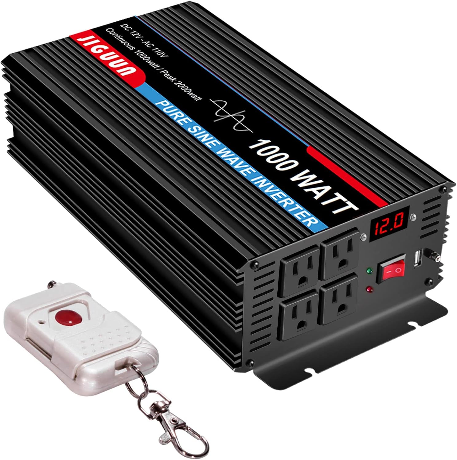JIGUUN 3000 Watt/6000 Watt Pure Sine Wave Inverter, Power Converter 12V DC to 110v/120v AC, Car Inverter with 4 AC Outlets&USB Port 170ft Wireless Remote Control for RV Camping Truck(3000W-12V)