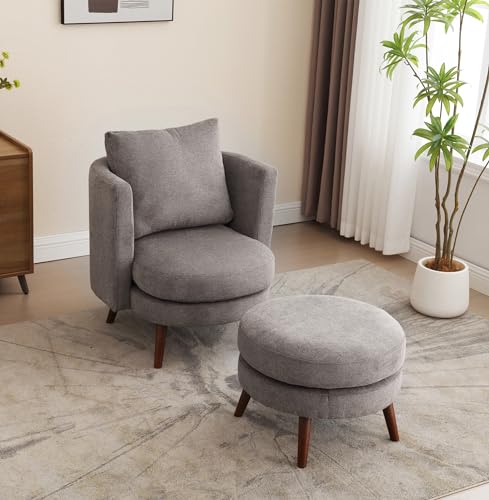 Modern Accent Chair with Ottoman,Upholstered Reading Chair,Comfy Living Room Armchair and Ottoman,Single Sofa with Wooden Leg and Throw Pillow for Bedroom, Corner,Reading Nook,Office (Charcoal)
