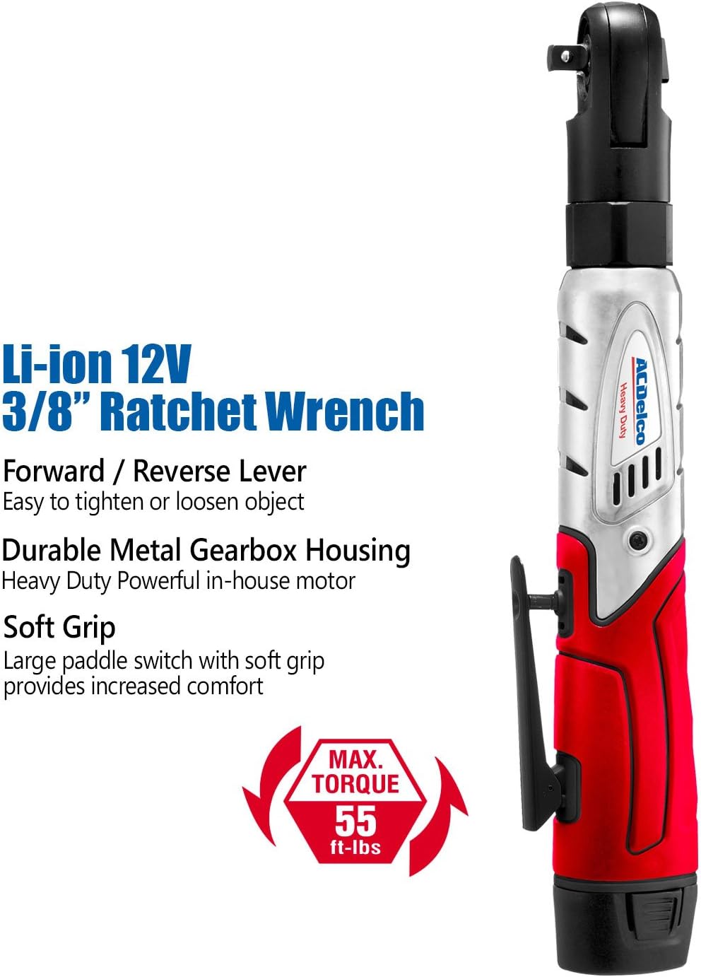 ACDelco ARW1201 G12 Series 12V Cordless Li-ion 3/8” 57 ft-lbs. Ratchet Wrench Tool Kit with 2 Batteries and Carrying Case