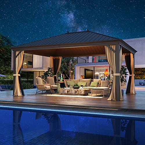 MELLCOM 12'x16' Hardtop Gazebo, Galvanized Steel Metal Double Roof Canopy with Curtains and Netting, Brown Permanent Pavilion Gazebos with Aluminum Frame for Garden, Patio, Lawns, Deck