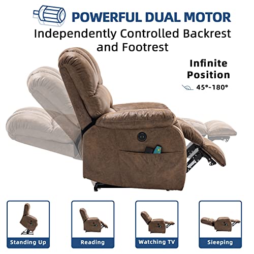 Large Dual OKIN Motor Power Lift Recliner Chair for Elderly Heated Massage Lay Flat Sleeper Electric Recliner Overstuffed Wide Recliners, Infinite Position, Side Pockets & USB Ports, Gray