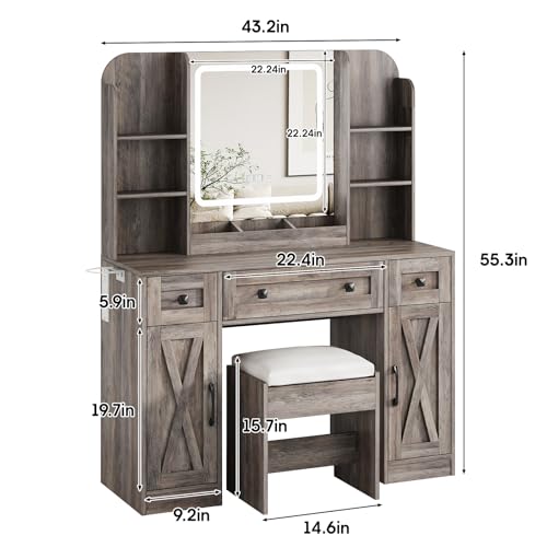 Vabches Makeup Vanity Desk, Vanity Mirror with Lights Desk and Chair,Makeup Table with 3 Large Drawers and 2 Cabinets, Time and Temperature Display, 3 LED Lighting Modes Adjustable, White