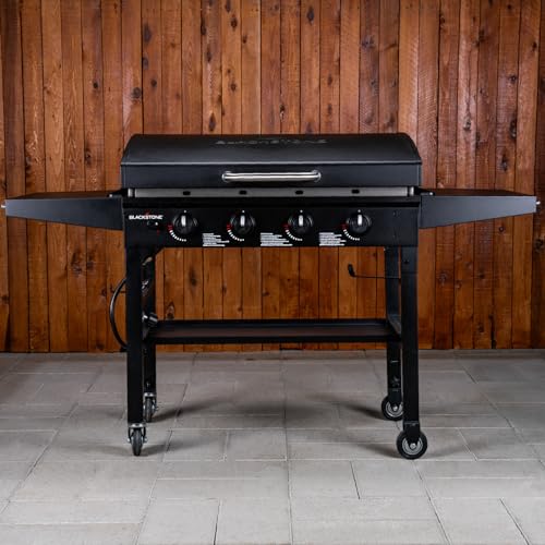 Blackstone 36 Inch Gas Griddle with Hood Cooking Station 4 Burner Flat Top Gas Grill Propane Fuelled Restaurant Grade Professional 36” Outdoor Griddle Station with Side Shelf