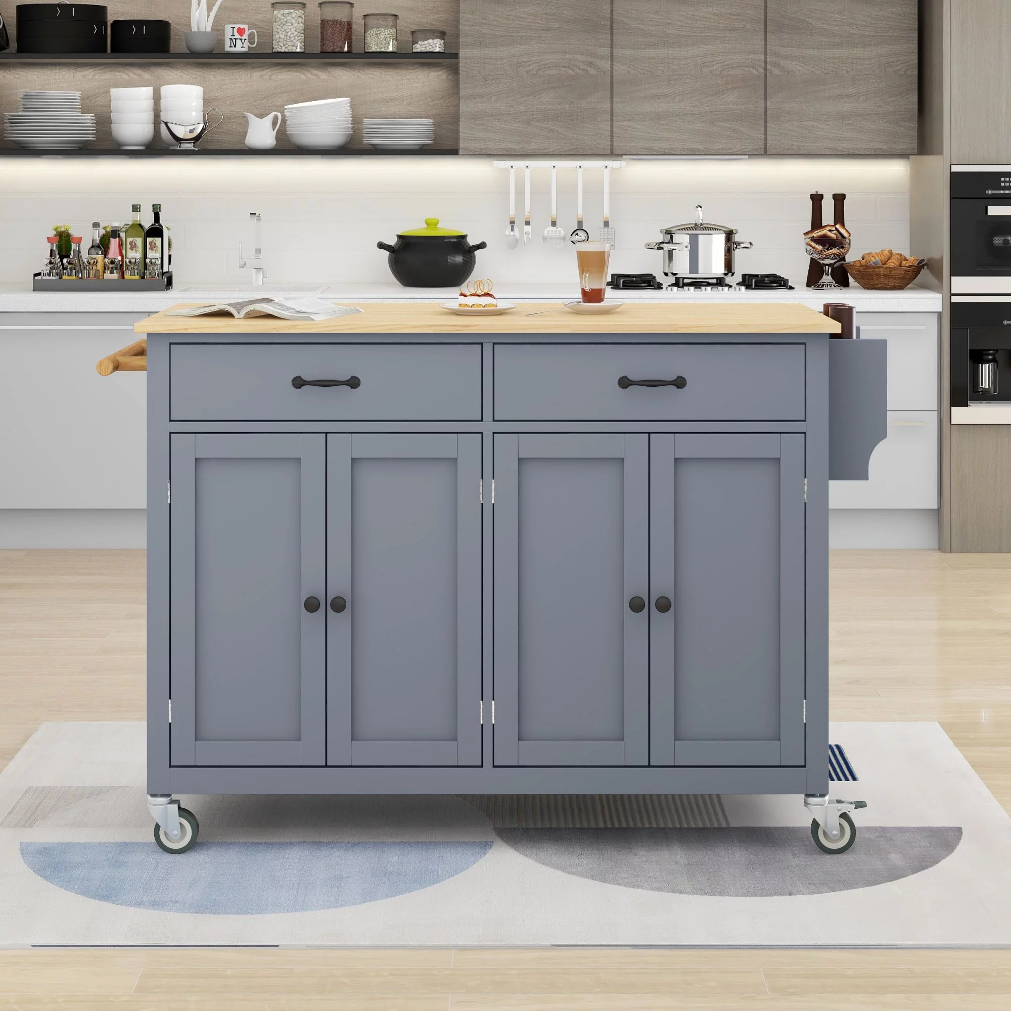 EUROCO Kitchen Island Cart with Solid Wood Top and Locking Wheels, 4 Door Cabinet and Two Drawers, Spice Rack and Towel Rack, Gray