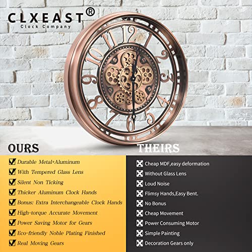 Moving Gear Wall Clock for Modern Farmhouse Living Room Decor,Large Industrial Steampunk Wall Clock,Metal Wall Clock Decorative for Home Office, Dinning Room,Copper (21 Inch)