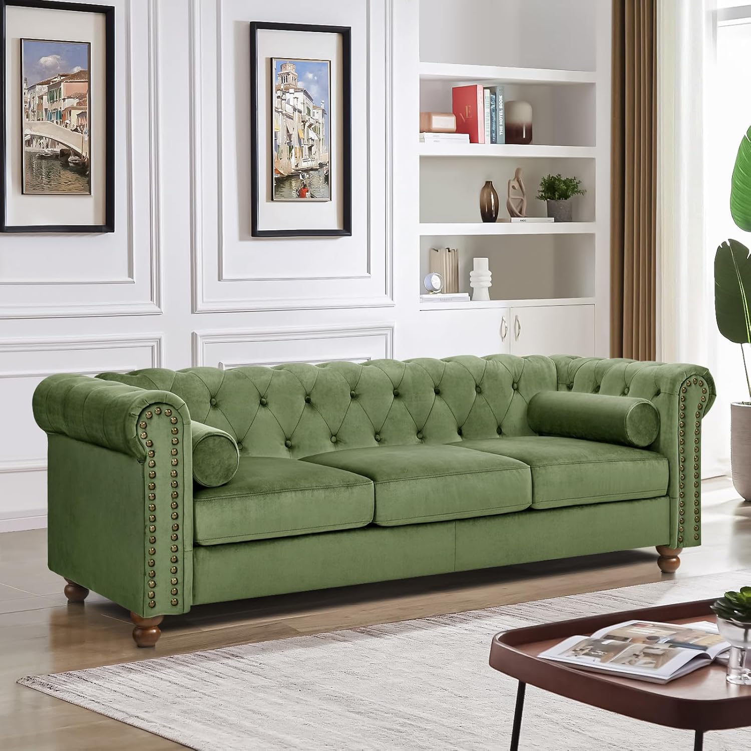 Antetek 3 Seater Couch, 80" Classic Upholstered Chesterfield Sofa, Button Tufted Velvet Couch with Deep Seat for Living Room, Farmhouse, Green