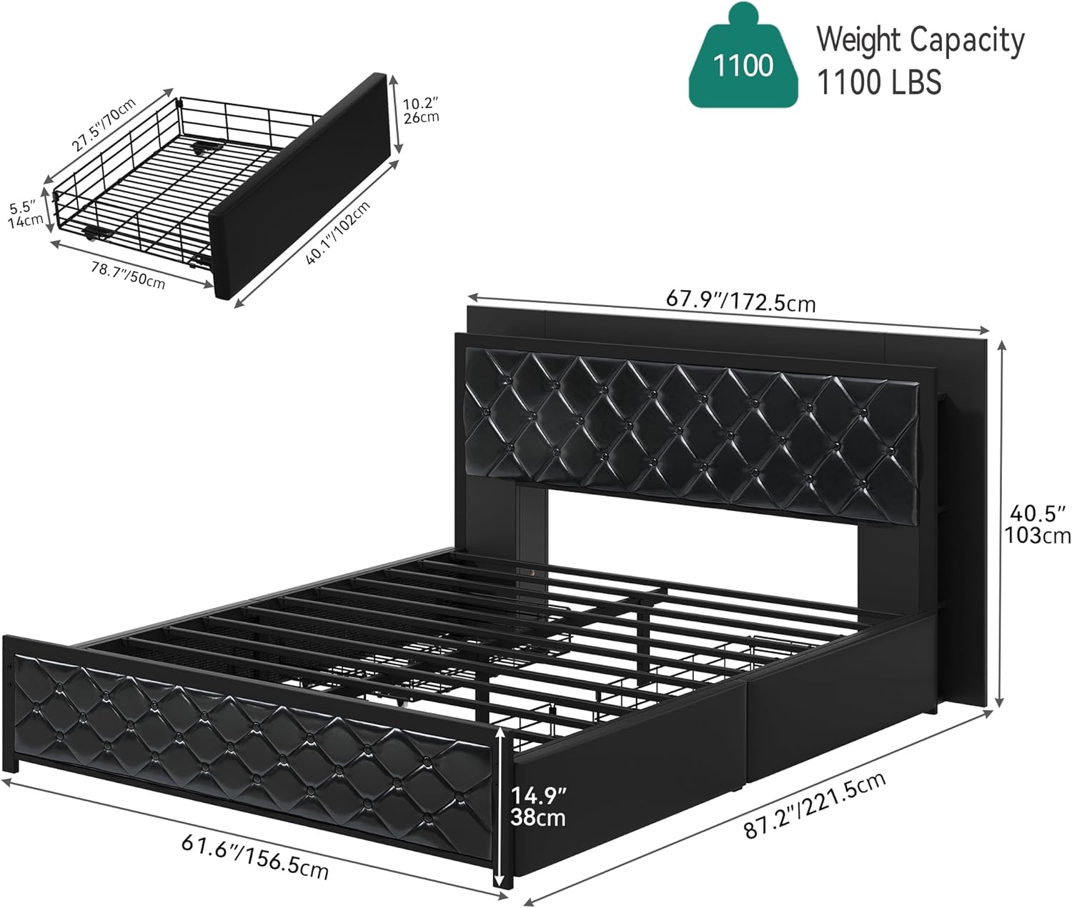 YITAHOME Queen Bed Frame with Headboard & 4 Storage Drawers, Modern Upholstered Faux Leather Platform Bed with RGB LED Lights & USB-C Charging Ports, No Box Spring Needed, Black