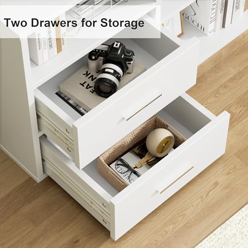 L-Shaped Desk with File Cabinet & Power Outlet, 55 Inch Large Computer Corner Table with Drawers and Storage Shelves for Home Office, White