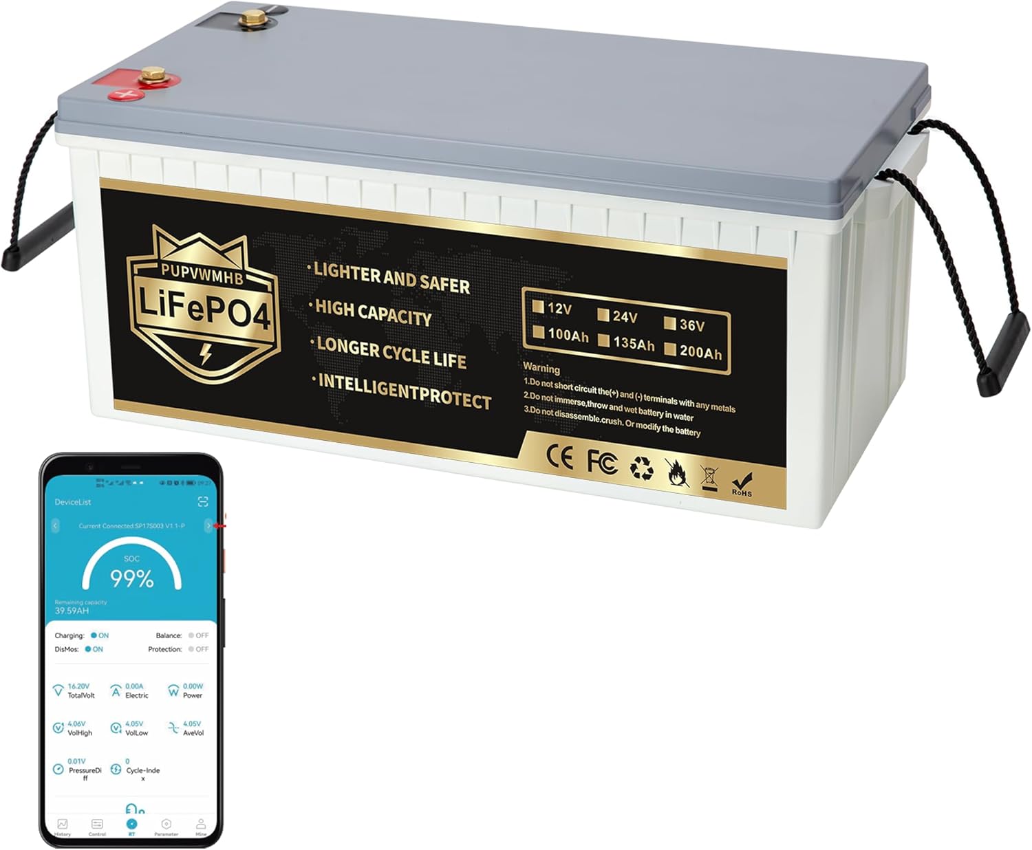 12V200Ah Bluetooth LiFePO4 Lithium Battery, Built-in 200A BMS, Max.2560W Load Power,10 Years Lifetime 8000+ Cycles Deep Cycle Battery for Trolling Motor, RV Camping, Off-grid Application