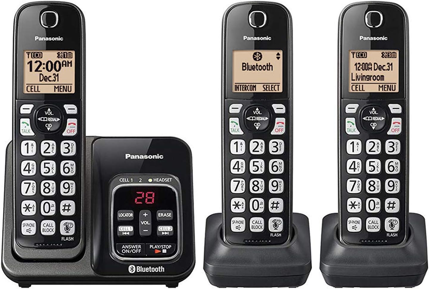 Panasonic KX-TG833SK Link2Cell Bluetooth with Talking Caller ID 3 Handset Cordless Phone (Renewed)