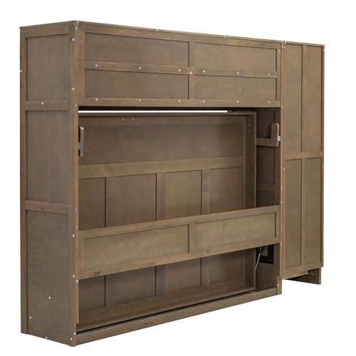 Full Size Murphy Bed Wall Bed with Wardrobe, 3 Drawers and 3 Open Top Shelves, Wooden Murphy Bed Chest with a Long Shelf, Platform Bed Frame Folds into Cabinet, Space-Saving Design (Antique Grey)