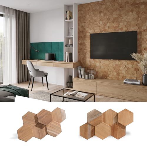 Teak UltraWood Hexagon Wall Panels in Natural - 3D Hexagonal Wall Covering for Feature Walls - Modern Peel-and-Stick Wallpaper Alternative - Easy DIY Installation - 25-Pack