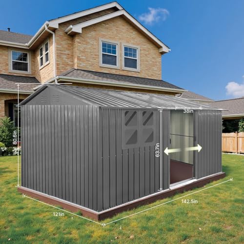 10' x 8' Large Outdoor Storage Shed, Sturdy Metal Building w/Windows & Lockable Doors for Garden, Backyard, Poolside and Lawn, Grey