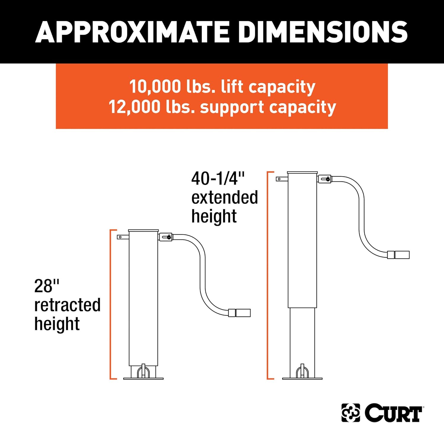 CURT 28512 Direct Weld On Heavy-Duty Trailer Jack, 12,000 lbs. 12-3/8 Inches Vertical Travel