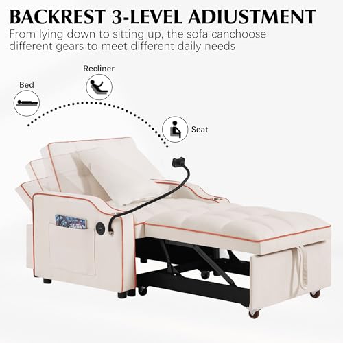 3 in 1 Sleeper Sofa Couch Bed, Velvet Convertible Single Sleeper Sofa with 3 Level Adjustable Backrest, Storage Pockets, Toss Pillows, Pull Out Single Sleeper for Living Room, Black