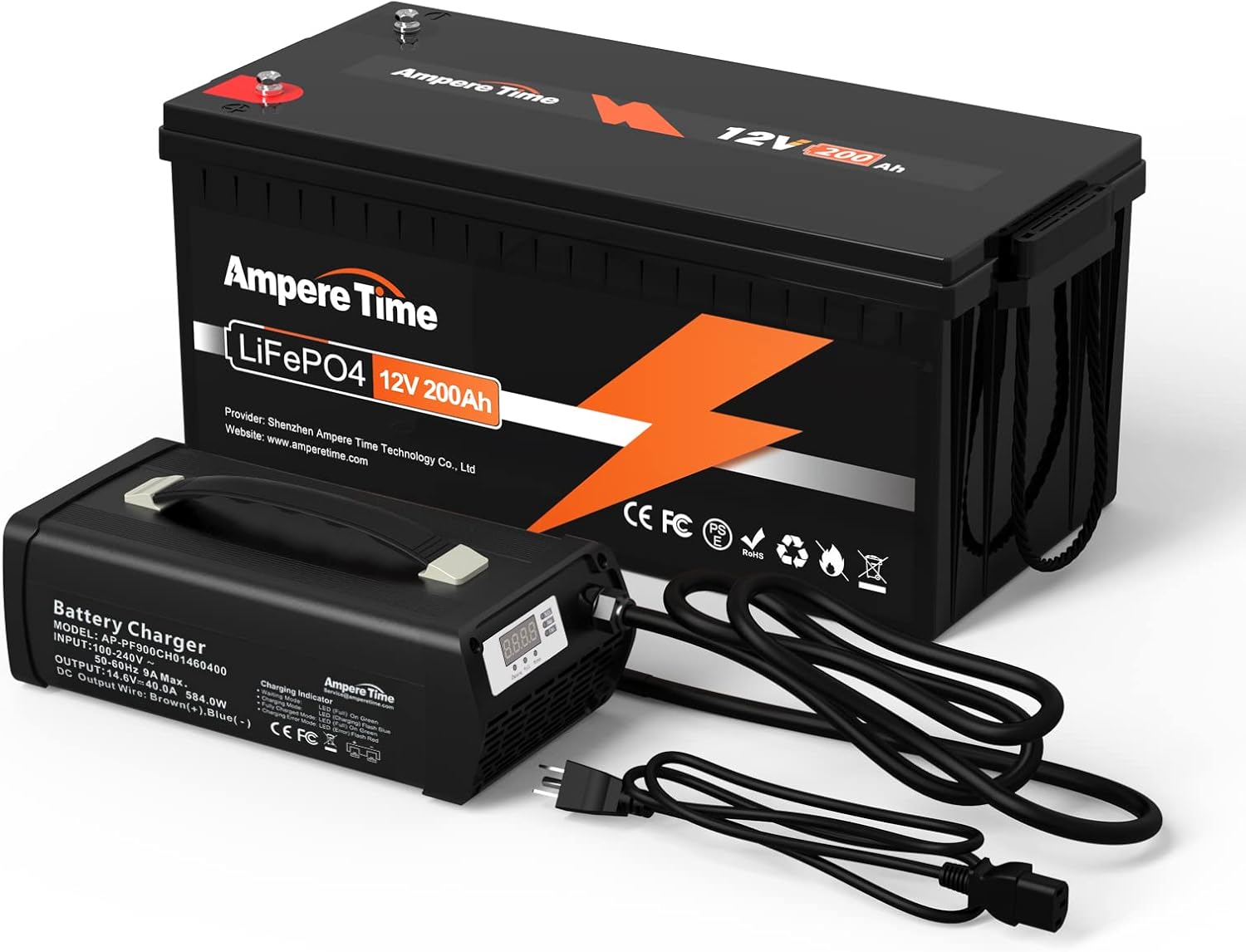 Ampere Time 12V 200Ah LiFePO4 Battery with 14.6V 20A Dedicated Lithium Battery Charger; Built-in 200A BMS, 4000+ Cycles, Perfect for RV, Solar, Marine, Overland, Off-Grid Application��