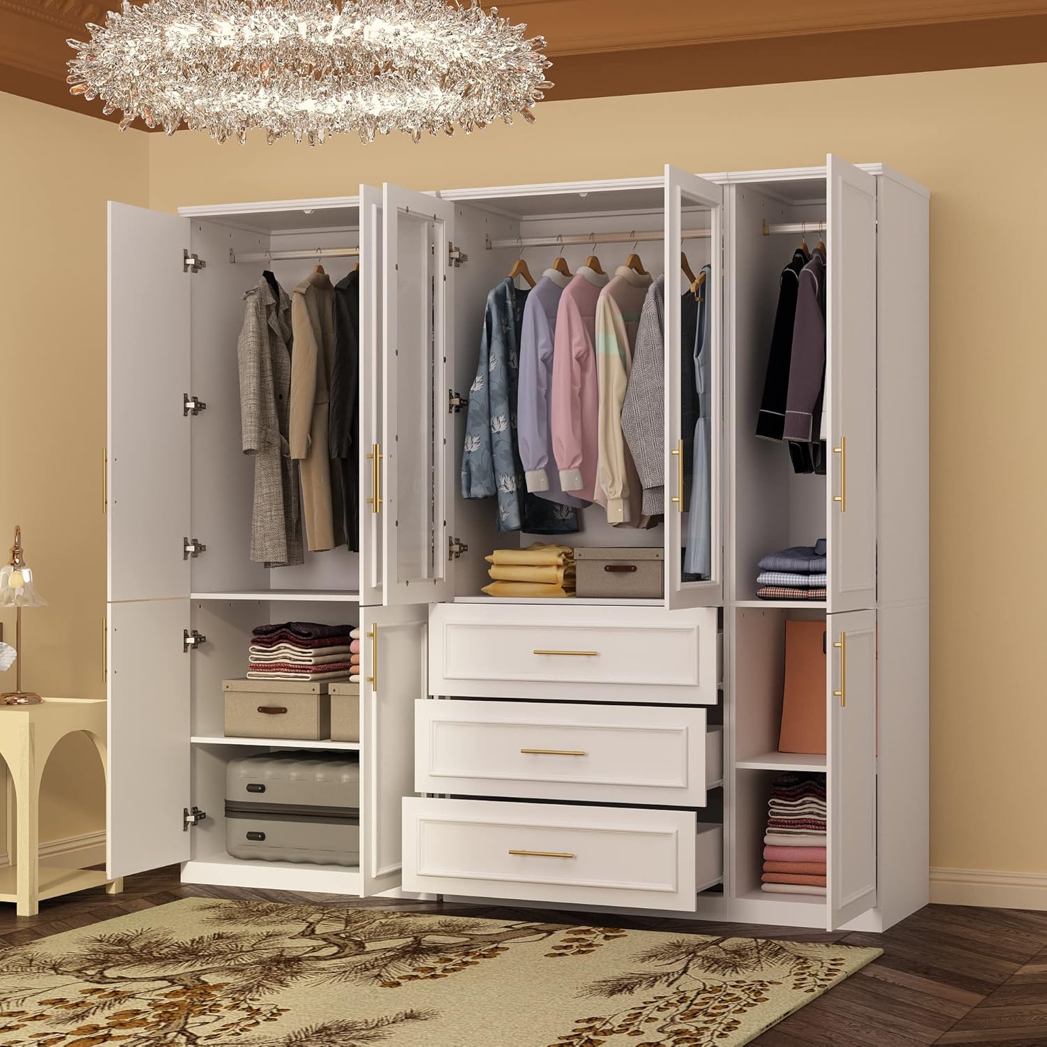 ECACAD Extra Wide Wardrobe Armoire with 8 Doors, Drawers, Storage Shelves & Hanging Rods, Wooden Closet Storage Cabinet for Bedroom, White (79.1”W x 19.3”D x 74.8”H)