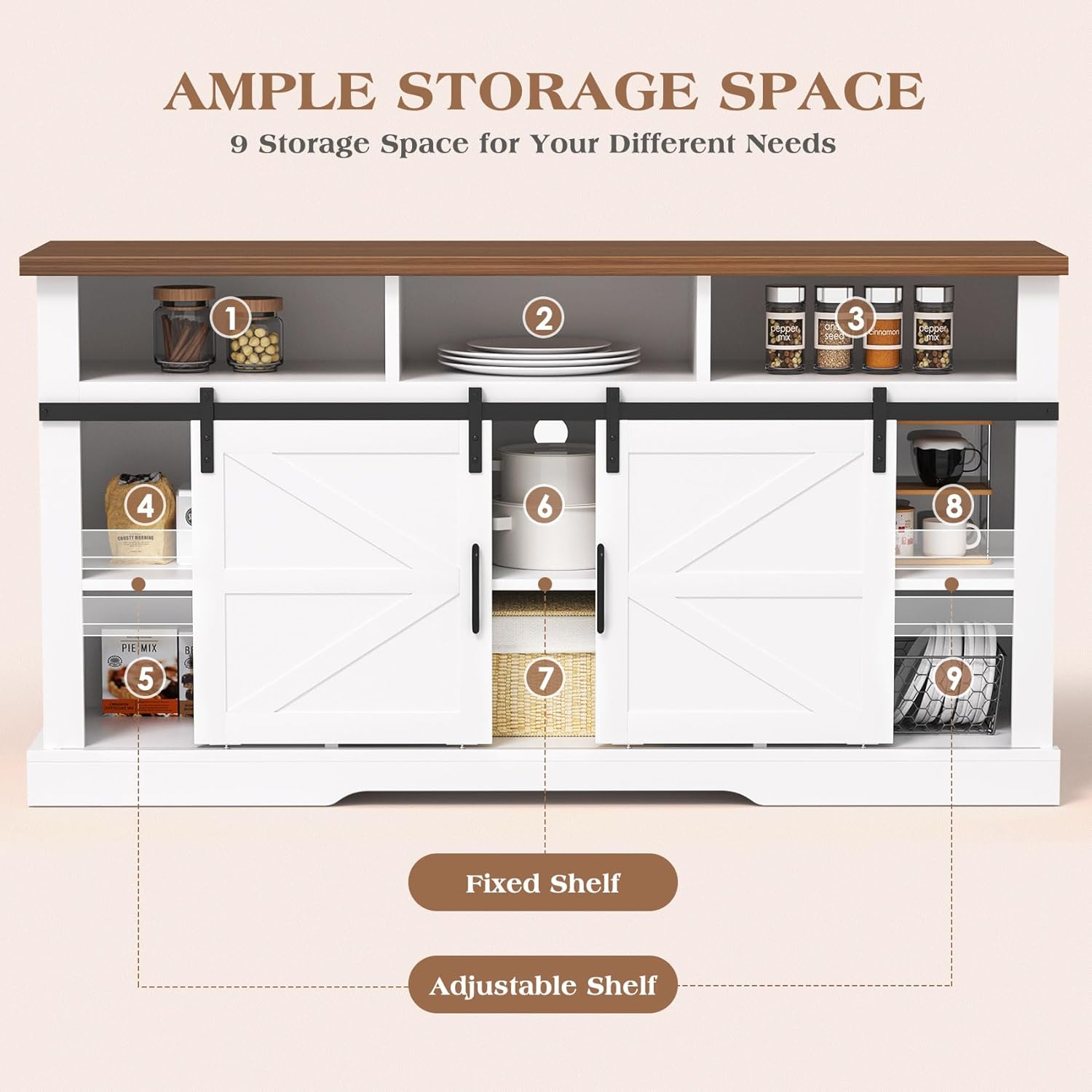 Farmhouse Coffee Bar, 58”Coffee Bar Cabinet with Sliding Barn Door and Adjustable Shelf, Kitchen Buffet Cabinet with Storage for Kitchen, Dining Room, Living Room, White