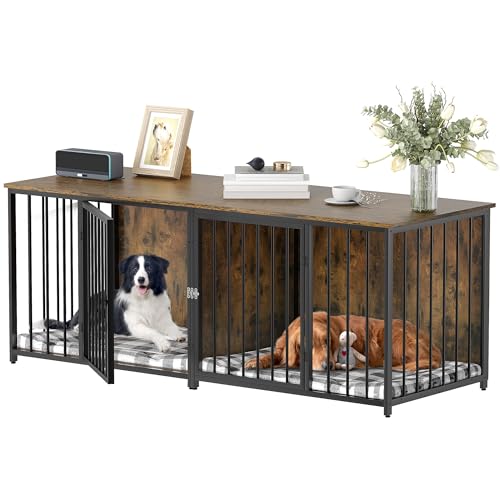 DWVO Double Dog Kennel Furniture, 80.2" Dog Cage Furniture with Divider, Double Dog Crate TV Stand for 2 Medium Dogs, Black