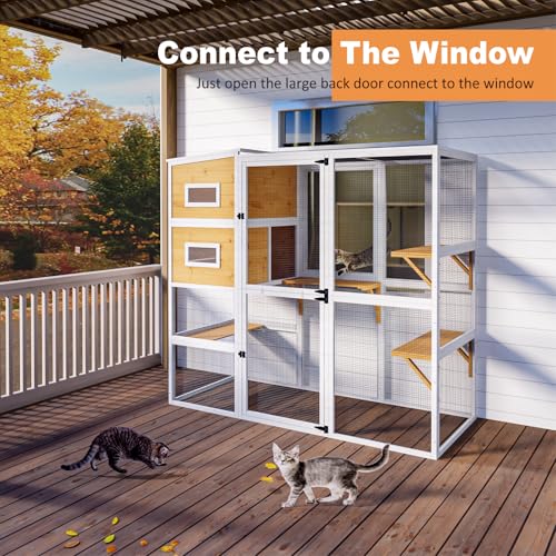 Catio Outdoor Cat Enclosure, Large Cat House for Mulitiple Cats Walk in Cat Cage with Waterproof Cover and Sunshine Panel Roof, Feral Cat Shelter with 7 Platforms and 2 Resting Box, 72 inch