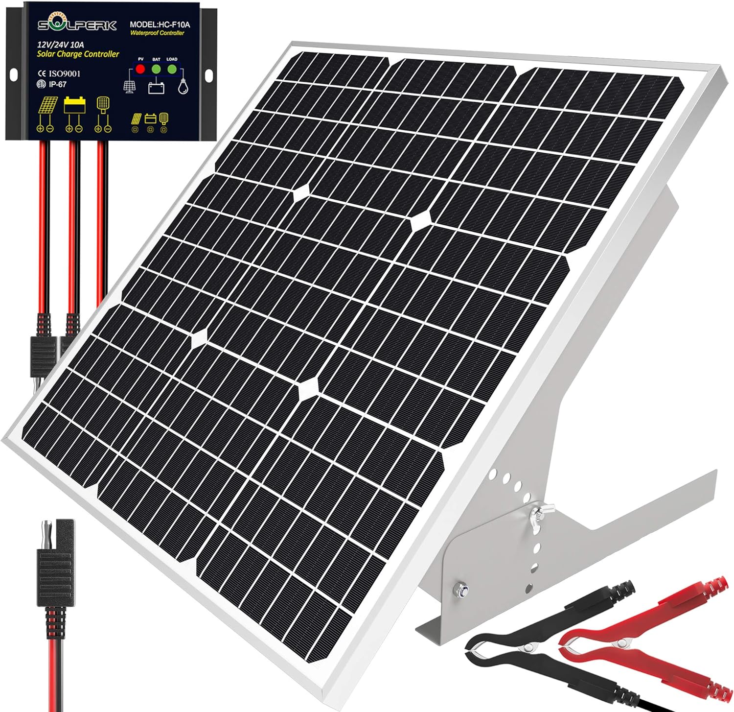SOLPERK 50W/12V Solar Panel Kit, Solar Battery Trickle Charger Maintainer + Waterproof Controller + Adjustable Mount Bracket for Automotive Motorcycle Boat Marine RV Camping Roof