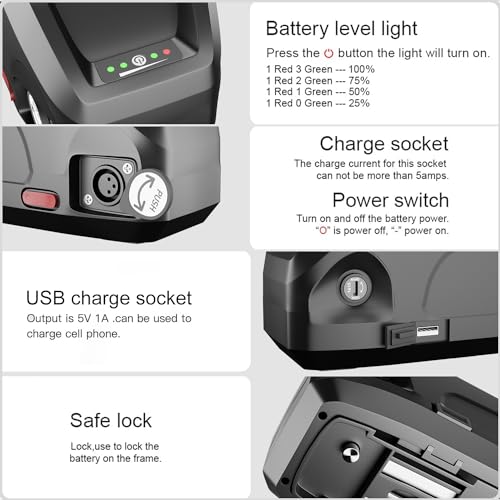 48V 10Ah/13Ah Ebike Battery, Lithium Ion Battery Pack for 0-1500W Motor, USB Output Electric Bike Battery with Charger&Base, E-bike Battery Replacement