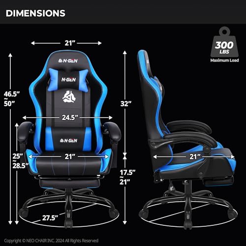 N-GEN Video Gaming Chair with Footrest High Back Ergonomic Comfortable Office Computer Desk with Lumbar Support Height Adjustable with PU Leather Recliner for Adults Women Men (Black)