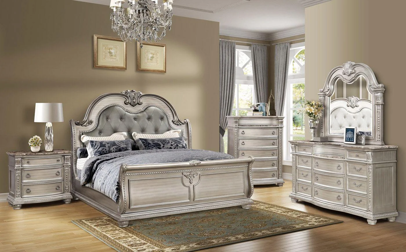 Antique Platinum Sleigh Queen Bedroom Set 5P B9506 Mcferran Classic Traditional