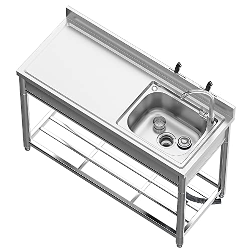 Free Standing Stainless-Steel Single Bowl Commercial Restaurant Kitchen Sink Set w/Faucet, Prep & Utility Washing Hand Basin w/Storage Shelve, laundry tub for Indoor Outdoor (22in)