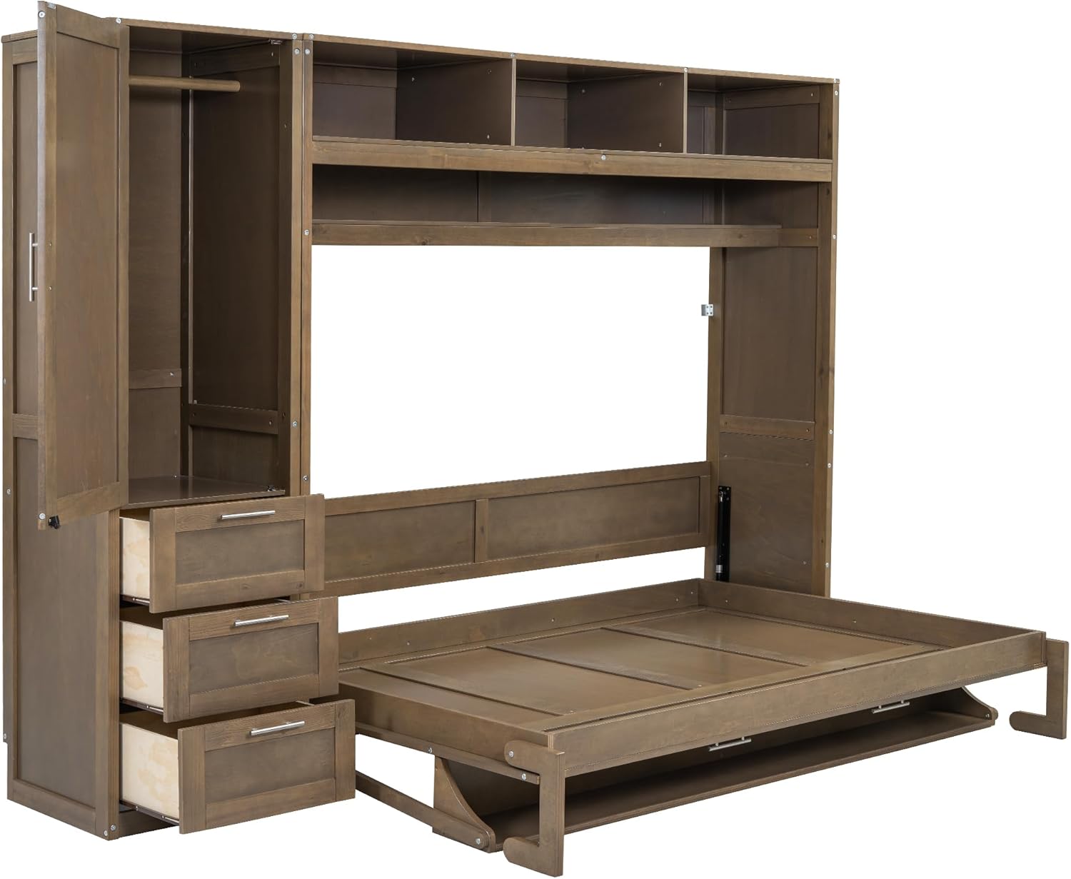 Merax Full Size Murphy Bed Frame Wallbed with Wardrobe,3 Drawers and Open Shelves,Space-Saving Design