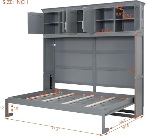 MERITLINE Queen Horizontal Murphy Bed Cabinet with Storage Bookcase Shelves and Charging Station,Wood Folding Grey Murphy Wall Bed for Adult