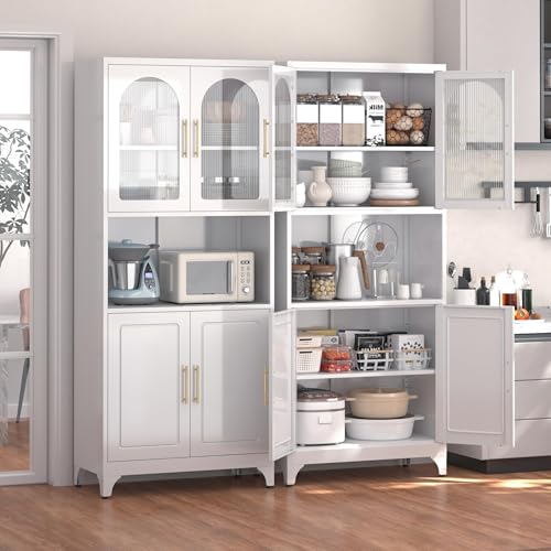 Kitchen Pantry Cabinet with Acrylic Glass Doors, 75" Metal Kitchen Hutch with Countertop, Adjustable Shelves, Freestanding Food Pantry Cabinet for Living, Dining Room, Black, Assembly Required