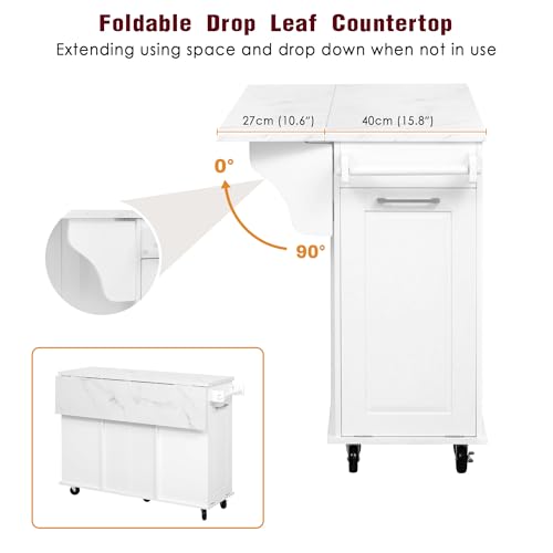 60" Kitchen Island with Drop Leaf and Power Outlet, Rolling Kitchen Cart on Wheels with Trash Can Storage Cabinet, Spice Rack, Towel Rack and Adjustable Shelf for Dining Room