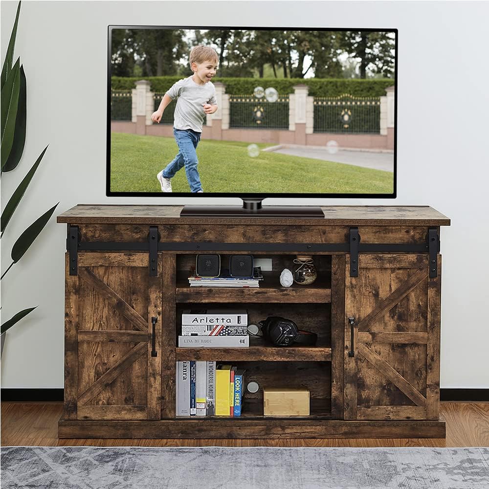 TURBRO Fireside Sliding Barn Door TV Stand, Supports TVs up to 65, Farmhouse Style Entertainment Center with Cable Management and Adjustable Shelves for Living Room, Espresso (TV Stand Only)