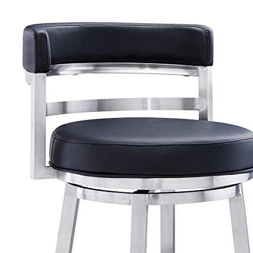 Armen Living Madrid 26" Counter Height Swivel Modern Gray Faux Leather and Brushed Stainless Steel Bar Stool for Kitchen Island Counter