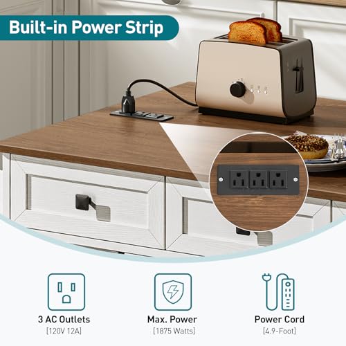 Kitchen Island with Drop Leaf, Kitchen Cart with Charging Station, Kitchen Table with Storage, Rolling Island Table with 3 Drawers, Towel Rack and Spice Rack, White and Walnut