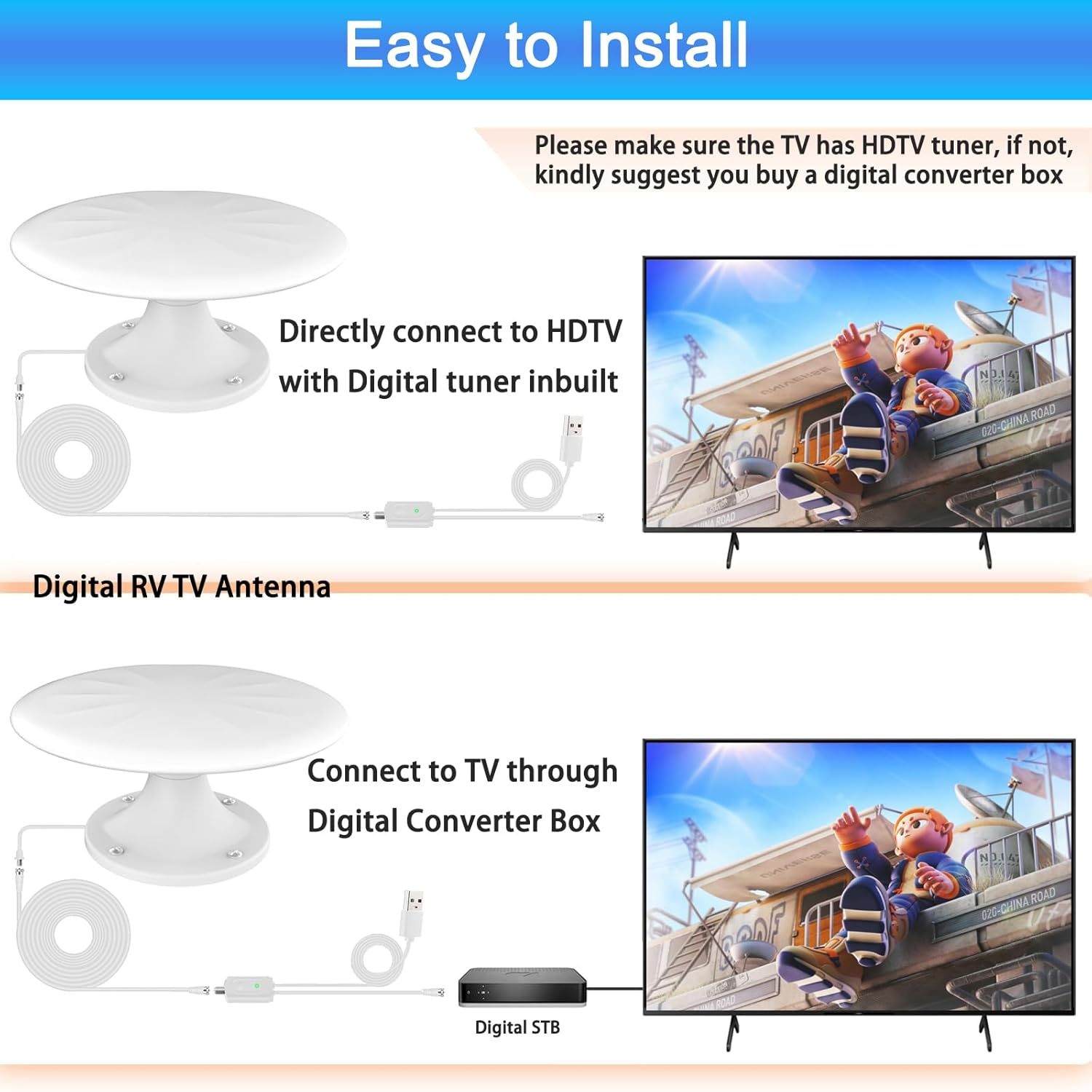 RV TV Antenna for Smart TV Outdoor, 720° Long Range Omni Directional Reception Digital HD Antenna Signal, with Super Signal Booster, 35ft HDTV Cable, for RV/Camping/Attic/Truck/Boat. (White)