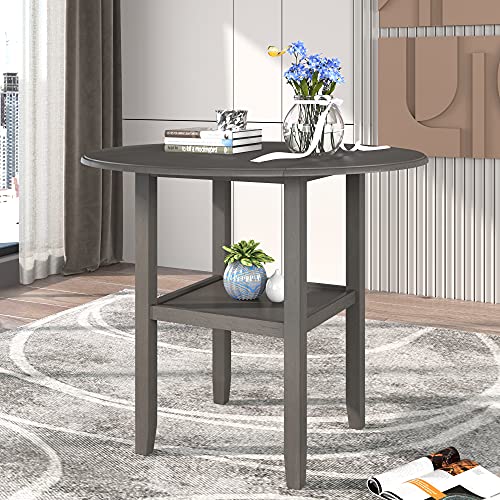 Farmhouse 3 Piece Dining Table and Chairs Set Round Drop Leaf Counter Height Small Space Bistro Bar Kitchen Dining Room Table Set with Storage Shelf 2 Badded backrest Chairs Furniture Set