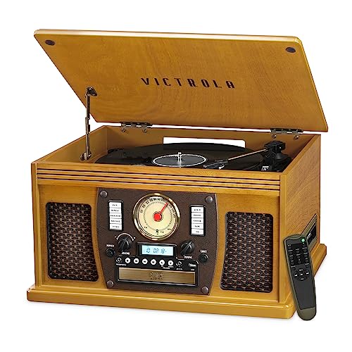 Victrola Navigator 8-in-1 Bluetooth Record Player with Built-in Speakers– 3 Speed Turntable, CD Player, Cassette, FM Radio, USB, RCA Out, Headphone Jack, Wireless Music Streaming, Real Wood (Mahogany)