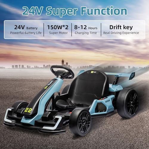 24V Electric Go Kart,300W Powerful Drift Kart for Kids, Electric Pedal Kart,with 300W Strong Motor, Drift/Sport Mode, Big Battery, Eva Tire,Length Adjustmen for Outdoor Racing Toy-White