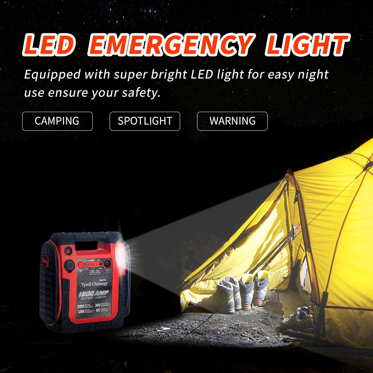 Jump Starter 1200Amp 12V Car Starter Power Station with 260 PSI Air Compressor 5V/2.1A USB DC Sockets 12V for Your Outdoor Trip