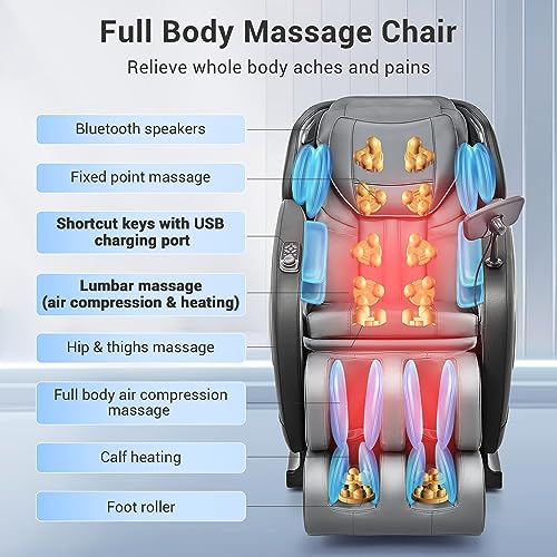 Massage Chair Full Body with Heat, Full Body Zero Gravity Shiatsu Massage Chair, Kneading Recliner w/ 20 Auto Modes, Foot Massage, Bluetooth, USB Charging Port, Touch Screen Controller