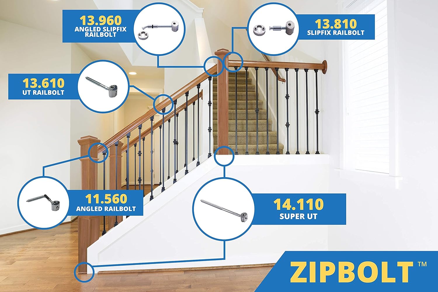 Zipbolt 13.810 Slipfix Railbolt - Staircase Handrail or Banister to Newel Post Connector - 5 Pack Pack of 2
