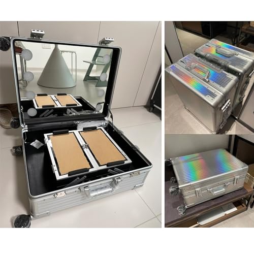 Rolling Makeup Train Case With Lighted Mirror, Make Up Cosmetic Orgainzer Box Travel Case, Professional Aluminum Trolley Salon Staion (Silver Stripe)
