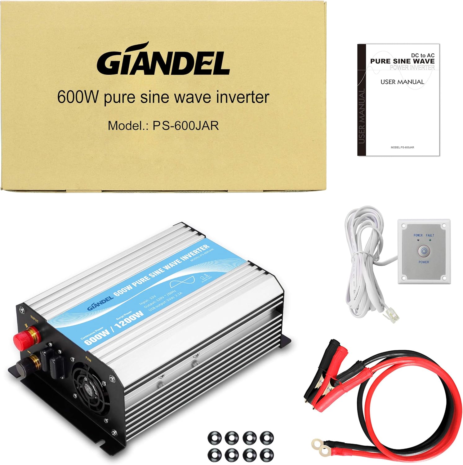 GIANDEL Power Inverter Pure Sine Wave 600Watt 12V DC to 110V 120V with Remote Control Dual AC Outlets and USB Port for RV Car Solar System Emergency