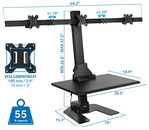 Mount-It! Triple Monitor Electric Standing Desk Converter - 3 Screens Stand Up Desk Riser - Height Adjustable Desktop & 3 Mounts for Screens up to 32", Sit-Stand Convertor for Home, Office, School