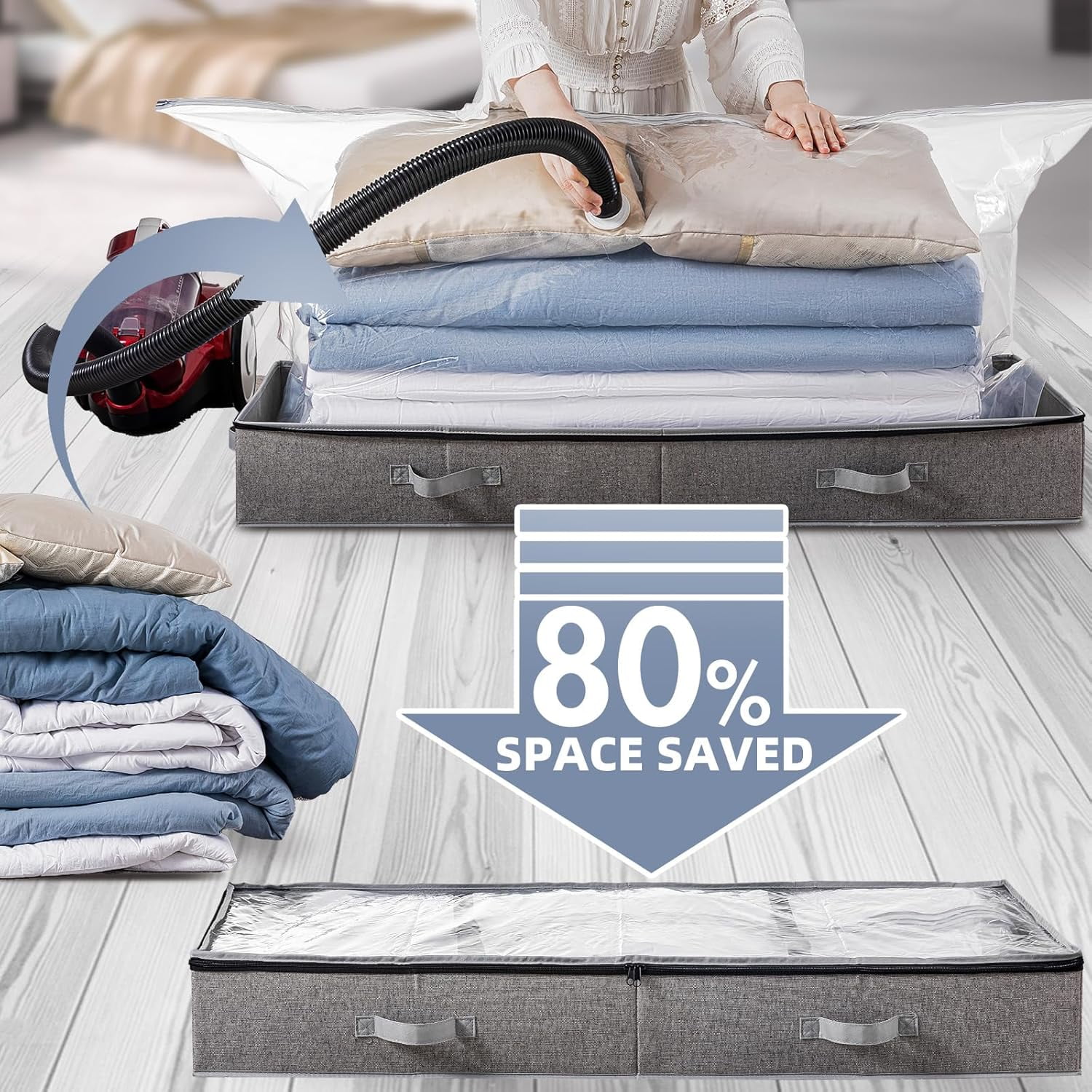 Under Bed Vacuum Storage Bags for Comforters and Blankets, Save 80% Space, Large Capacity Foldable Under Bed Storage Box for Quilts Pillow Blankets Linen, 41 x 17.7 x 6, Jumbo Vacuum Seal