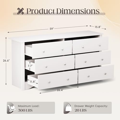 JUMMICO Dresser for Bedroom, 6 Wood Dresser Drawers, Wide Chest of Drawers, Storage Tower Unit, Modern Design for Bedroom, Living Room, Hallway, Entryway (Dark Brown)